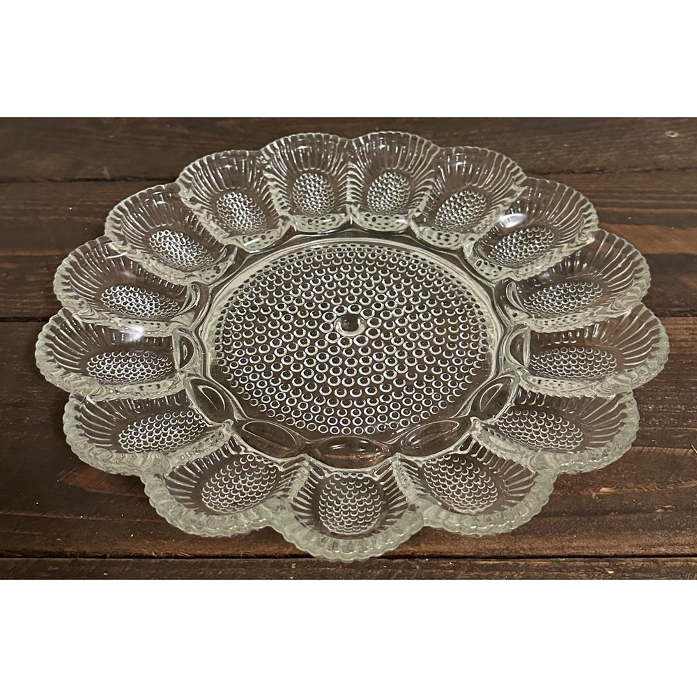 Vintage Clear Pressed Glass Deviled Egg Platter Hobnail Shell Scalloped 11 Inch